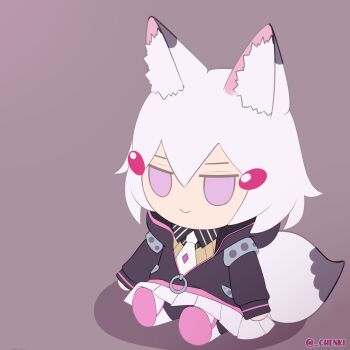 1girl absurdres animal_ear_fluff animal_ears artist_name black_jacket chenki_(chenki) closed_mouth commentary english_commentary fox_ears fox_girl fox_tail highres hood hooded_jacket jacket necktie open_clothes open_jacket phase_connect purple_eyes short_hair solo tail tenma_maemi twitter_username virtual_youtuber white_hair white_necktie