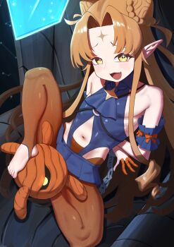 +_+ 1girl :d arms_behind_back bare_shoulders blonde_hair blush braid braided_base bun_with_braided_base commentary_request cone_hair_bun cuffs double_bun fang flat_chest hair_bun highres korean_commentary long_hair looking_at_viewer malsan mesugaki_regent minion_(slay_the_spire) navel on_throne open_mouth pointy_ears ribs shackles sitting slay_the_spire slay_the_spire_2 smile solo_focus sovereign_blade stirrup_legwear the_regent_(slay_the_spire) throne toeless_legwear yellow_eyes