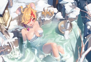 Rule 34 | 1girl, absurdres, ahoge, animal ears, basket, blonde hair, bow, breasts, cleavage, commentary, commission, feet out of frame, hair ornament, hair over one eye, hamster ears, hamster girl, hand on own chest, hanho, heart, heart hair ornament, highres, indie virtual youtuber, large breasts, looking at viewer, mollytherave (vtuber), multicolored hair, naked towel, onsen, open mouth, partially submerged, reclining, red eyes, red hair, short hair, smile, snow, solo, squirrel, star (symbol), star hair ornament, streaked hair, towel, virtual youtuber, water, yellow bow