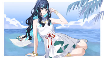 1girl bare_shoulders black_hair blue_hair bracelet breasts colored_inner_hair dress eyeliner fate/grand_order fate_(series) grey_eyes hat highres jewelry long_hair looking_at_viewer makeup multicolored_hair necklace small_breasts solo sun_hat tenochtitlan_(fate) tenochtitlan_(swimsuit_mooncancer)_(fate) tenochtitlan_(swimsuit_mooncancer)_(second_ascension)_(fate) thighlet white_dress white_hat yuritoame