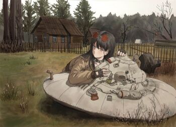 1girl black_gloves black_hair blue_eyes brown_jacket choker closed_mouth expressionless eyewear_on_head fence glasses gloves gold_can grass highres house jacket kneeling long_hair long_sleeves looking_at_viewer original outdoors solo tree ufo wide_shot