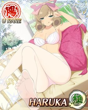1girl :p armpit_crease border bow bow_bra bra breasts brown_hair card_(medium) character_name cleavage closed_mouth couch crossed_legs curled_ends day game_cg green_eyes hair_bow haruka_(senran_kagura) indoors large_breasts leaning_back looking_at_viewer medium_hair official_art on_couch panties panties_under_pantyhose pantyhose pink_bow pink_panties senran_kagura senran_kagura_new_wave sitting smile solo swept_bangs third-party_source tongue tongue_out underwear white_bra white_pantyhose