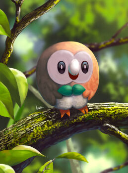 bearluxe black_eyes blurry blurry_background bright_pupils closed_mouth commentary_request day gen_7_pokemon leaf nintendo no_humans on_branch outdoors pokemon pokemon_(creature) rowlet signature solo white_pupils