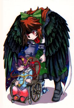 2girls black_hairband black_shoes black_socks black_wings blue_shirt blush bow brown_hair buttons cape collared_shirt commentary_request crossed_arms dot_nose feathered_wings frilled_shirt_collar frilled_skirt frills green_bow green_skirt hair_bow hair_ornament hairband heart heart_button heart_hair_ornament highres hunched_over inuyama_konan komeiji_satori loafers long_hair long_sleeves multiple_girls pink_skirt pink_slippers print_cape purple_eyes purple_hair red_eyes reiuji_utsuho shirt shoes simple_background sitting skirt slippers socks standing starry_sky_print third_eye touhou two-sided_cape two-sided_fabric wheelchair white_background white_cape white_shirt wings