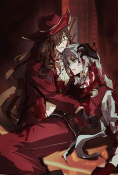 1boy 1girl belt black_gloves blue_eyes brown_belt brown_hair clenched_teeth death gloves hat highres indoors ivan_the_terrible_and_his_son_ivan limbus_company long_hair long_sleeves looking_at_viewer lucio_(project_moon) lying on_side pants project_moon red_hat red_pants red_vest shirt sixgod spoilers teeth valencina_(project_moon) very_long_hair vest white_hair white_shirt