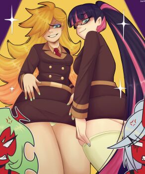 4girls absurdres angry artist_name ass belt blank_eyes blonde_hair blue_eyes blue_hair blue_nails blunt_bangs breasts brown_belt brown_jacket brown_skirt brown_sleeves buttons closed_mouth collared_shirt colored_inner_hair colored_skin commentary_request cosplay cowboy_shot demon demon_girl demon_horns flipped_bangs formal_clothes glasses green_hair green_nails highres horns jacket kneesocks_(psg) kneesocks_(psg)_(cosplay) lapels long_hair long_sleeves looking_at_viewer medium_breasts messy_hair miniskirt multicolored_hair multiple_girls nail_polish necktie notched_lapels panties panty_&amp;_stocking_with_garterbelt panty_(psg) pantyhose pencil_skirt pink_hair pink_streaks ponytail purple_hair red_horns red_necktie red_skin scanty_(psg) scanty_(psg)_(cosplay) shirt siblings sidelocks signature single_horn sisters skirt small_breasts smile stocking_(psg) streaked_hair suchimonix swept_bangs thighhighs two-tone_hair undershirt underwear very_long_hair white_thighhighs