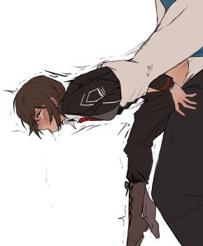 1boy 1girl blush boots brown_hair clenched_hands collared_shirt drooling earrings hanging_legs jacket jewelry lace-up_boots limbus_company living_fleshlight necktie outis_(project_moon) pants project_moon red_necktie sex sex_from_behind shirt short_hair simple_background tongue tongue_out white_background white_shirt yippee