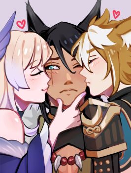 1girl 2boys animal_ears blush dog_boy final_fantasy final_fantasy_xiv genshin_impact gorou_(genshin_impact) green_eyes hand_on_chin heart jiro_kurama kissing_cheek lupin multiple_boys sangonomiya_kokomi vanillafry wolf_boy wolf_ears
