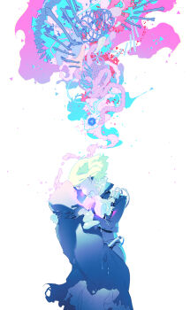 1boy 1girl ascot belt bone cloak closed_mouth cpr floating_hair gapamopa gloves green_hair half_gloves heart_(organ) highres intestines jacket kidney lio_fotia liver long_sleeves lungs organs pants promare shirt short_hair simple_background skeleton thyma_(promare) white_ascot white_background white_shirt