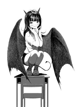 1girl absurdres ahoge bandage_on_knee bat_wings between_legs biting_own_lip black_wings blunt_bangs blush chair commentary_request demon_girl demon_horns desk double_v fangs greyscale gym_uniform highres horns kneeling kuniyasuyuuki long_hair low_wings monochrome on_desk original shirt shoes short_shorts shorts sitting socks solo tail tail_between_legs v white_background white_shirt wings