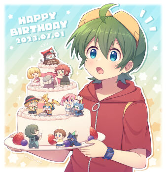 Rule 34 | 2girls, 5boys, appmon, apron, asuka torajirou, birthday, birthday cake, blonde hair, blue eyes, blueberry, blush, brown hair, cake, chibi, chibi inset, collared shirt, colored skin, cream, dated, digimon, digimon universe: appli monsters, dokamon, dress, english text, extra arms, food, fruit, gatchmon, goggles, goggles on head, goggles on headwear, green hair, hackmon (appmon), happy birthday, hat, helmet, highres, holding, holding pastry bag, hood, hoodie, karan eri, kashiki ai, katsura hajime, katsura rei, lulu hane, magnifying glass, multiple boys, multiple girls, musimon, offmon, ozora yujin, party hat, pastry bag, pink hair, red hair, red hoodie, ribbon, shinkai haru, shirt, shorts, sleeveless, smile, strawberry, watch, whipped cream, wristwatch