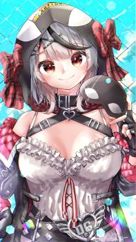 Rule 34 | 1girl, absurdres, animal hood, black collar, black gloves, black hood, black jacket, black streaks, breasts, camisole, cleavage, closed mouth, collar, commentary request, fingerless gloves, gloves, grey hair, hair ornament, hairpin, highres, holding, holding mask, hololive, hood, jacket, large breasts, looking at viewer, mask, medium hair, multicolored hair, orca hood, red eyes, sakamata chloe, sakamata chloe (1st costume), smile, solo, streaked hair, u da desu, virtual youtuber, white camisole, x hair ornament