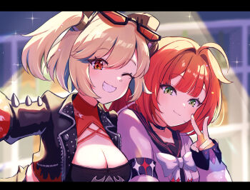 2girls ahoge black_jacket blonde_hair breasts burnice_white crop_top eyewear_on_head green_eyes highres jacket large_breasts multiple_girls norimaki_(nrmk_norinori) one_eye_closed open_clothes open_jacket red_eyes red_hair short_twintails smile spotlight sunglasses twintails ukinami_yuzuha upper_body v zenless_zone_zero