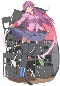 Rule 34 | 1girl, absurdres, bakemonogatari, black thighhighs, blue eyes, blue necktie, blue skirt, blush, boxcutter, chair, clothes lift, collared shirt, commentary request, desk, highres, juliet sleeves, lifting own clothes, long hair, long sleeves, looking at viewer, monogatari (series), naoetsu high school uniform, necktie, onabe915, parted lips, pink shirt, puffy sleeves, purple hair, ruler, school chair, school desk, school uniform, scissors, senjougahara hitagi, senjougahara hitagi skirt lift pose, shirt, simple background, skirt, skirt lift, solo, standing, standing on one leg, stapler, thighhighs, white background, yellow eyes, zettai ryouiki