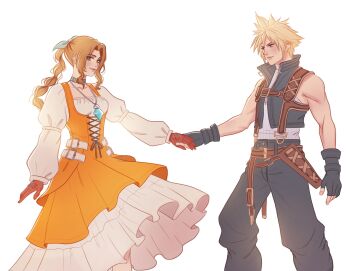 1boy 1girl aerith_gainsborough aerith_gainsborough_(garnet's_gown) almond_aulait bare_shoulders belt blonde_hair braid braided_ponytail breasts brown_belt choker closed_mouth cloud_strife cloud_strife_(zidane's_outfit) cosplay couple cowboy_shot cropped_vest crystal dress feet_out_of_frame final_fantasy final_fantasy_vii final_fantasy_vii:_ever_crisis fingerless_gloves garnet_til_alexandros_xvii garnet_til_alexandros_xvii_(cosplay) gloves green_eyes grey_choker grey_gloves grey_pants grey_vest hair_between_eyes hair_ribbon hetero highres holding_hands jewelry juliet_sleeves light_smile long_sleeves medium_breasts official_alternate_costume orange_dress pants parted_bangs pendant petticoat puffy_sleeves red_gloves ribbon shirt short_hair sidelocks single_braid sleeveless sleeveless_shirt spiked_hair vest white_background white_shirt zidane_tribal zidane_tribal_(cosplay)