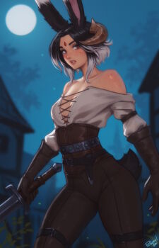 Rule 34 | 1girl, animal ears, black hair, breasts, brown gloves, brown horns, brown pants, commentary, cowboy shot, cross-laced clothes, cross-laced top, english commentary, freckles, full moon, gloves, highres, holding, holding sword, holding weapon, horns, long sleeves, moon, multicolored hair, night, original, outdoors, pants, parted lips, personal ami, rabbit ears, rabbit girl, rabbit tail, red eyes, shirt, short hair, small breasts, solo, sword, tail, two-tone hair, weapon, white hair, white shirt