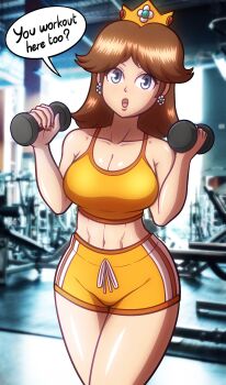 1girl abs beg4cake blue_eyes breasts brown_hair cleavage crown dumbbell earrings female_abs highres jewelry large_breasts legs looking_at_viewer mario_(series) midriff navel nintendo open_mouth orange_shorts princess_daisy short_shorts shorts six_pack sports_bra super_mario_bros._1 talking thick_thighs thighs wide_hips working_out