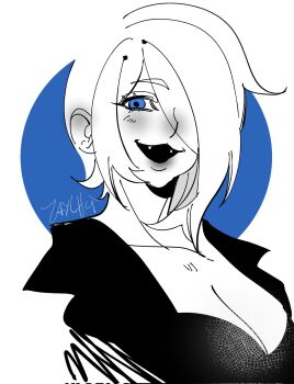 1girl angel_(kof) blue_eyes breasts cat cat_girl fang fangs female_focus huge_breasts jacket large_breasts leather pale_skin short_hair smile smiley_face tayuki1015 the_king_of_fighters white_hair