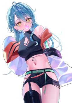 1girl ahoge aqua_hair arm_up belt black_shirt black_shorts blue_hair blue_streaks breasts chewing_gum cleavage cleavage_cutout clothing_cutout coco_(lu28_mi) colored_bangs cowboy_shot crop_top diamond-shaped_pupils diamond_(shape) earrings garter_straps green_belt hair_between_eyes highres jacket jewelry large_breasts midriff multicolored_hair navel nijisanji off_shoulder open_clothes open_jacket shirt shorts simple_background sleeveless sleeves_past_fingers sleeves_past_wrists solo star_shaped_pupils streaked_hair symbol-shaped_pupils tamanoi_nana thigh_cutout thigh_strap thighs turtleneck virtual_youtuber white_background wide_sleeves yellow_eyes