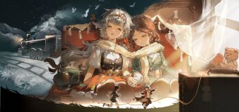 ^_^ aima_(reverse:1999) bat_(animal) black_coat black_corset black_pants boots braid braided_hair_rings brown_hair chasing closed_eyes coat corset couch curtains facing_viewer green_jacket green_shorts hair_rings hairband hat highres holding_hands jacket locomotive low_twintails miniskirt multiple_views on_couch open_mouth pants parted_lips peaked_cap red_hairband red_skirt reverse:1999 rubuska running sangxin-bingkuang_chang_ergouzi scarf shared_clothes shared_scarf shirt shorts side-by-side sitting skirt sleeping sleeping_upright steam_locomotive stuffed_animal stuffed_toy teddy_bear train twintails upper_body white_boots white_hair white_scarf white_shirt window