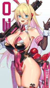 1girl armband blonde_hair blue_eyes breasts bunny_suit_planning character_request covered_navel elbow_gloves gloves gun hair_between_eyes highres holding holding_gun holding_weapon long_hair open_mouth pink_armband smile solo takamine_nadare weapon white_wrist_cuffs wrist_cuffs