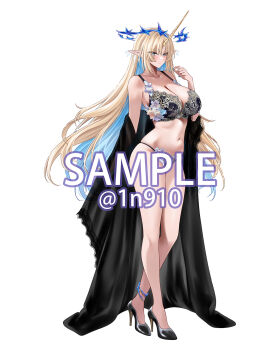1girl bare_shoulders black_bra black_panties black_robe black_shoes blonde_hair blue_eyes blue_hair blue_nails blush bra breasts cleavage closed_mouth clothes_down collarbone commentary crown_of_thorns earrings english_commentary fingernails fleurdelys_(wuthering_waves) floating_earrings hand_up high_heels highres horns huge_breasts jewelry long_hair long_horns m_(1n910) nail_polish navel open_clothes open_robe panties pointy_ears robe sample_watermark shoes sidelocks simple_background single_horn smile solo stomach tachi-e thighs twitter_username underwear very_long_hair watermark white_background wuthering_waves yellow_horns