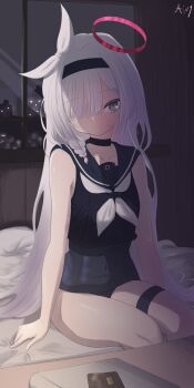 absurdres aivy225 alternate_costume bandana bedroom black_bandana blue_archive choker halo heterochromia highres night plana_(blue_archive) ribbon sailor_collar swimsuit white_hair white_ribbon
