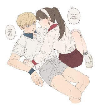 1boy 1girl absurdres black_hair blonde_hair bloomers blue_eyes breasts brown_bloomers collared_shirt commentary cropped_legs earrings gold_earrings grey_shorts hair_between_eyes hairband highres jewelry knee_pads korean_text long_hair looking_at_another medium_breasts moobki parted_lips ponytail shirt shoes short_hair shorts sneakers socks spy_x_family striped_clothes striped_socks sweat symbol-only_commentary twilight_(spy_x_family) underwear white_background white_hairband white_shirt white_shoes white_socks wristband yor_briar