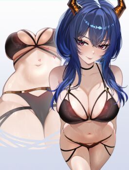 1girl alternate_costume arknights bare_shoulders bikini black_bikini black_choker blue_hair breasts ch&#039;en_(arknights) choker cleavage closed_mouth collarbone commentary commission cowboy_shot dragon_girl dragon_horns english_commentary hair_between_eyes heart highres horns large_breasts leaning_forward long_hair looking_at_viewer multi-strapped_bikini_bottom multi-strapped_bikini_top multiple_views navel raituna red_eyes sidelocks smile stomach swimsuit underboob wet