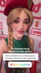 1girl animated argentine_(nationality) bare_shoulders blonde_hair braid breasts cammy_white cammy_white_(cosplay) cosplay fingerless_gloves from_above from_behind gloves hat highleg highleg_leotard highres leotard long_hair multiple_views parted_lips photo_(medium) real_life salute selfie sleeveless smile sophie_valentine sound spanish_text street_fighter tagme thong_leotard turnaround twin_braids very_long_hair video