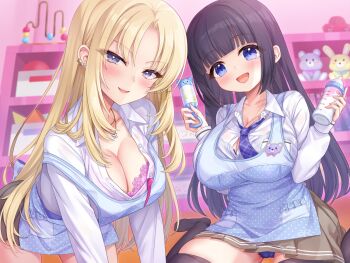 Rule 34 | 2girls, apron, asmr, baby bottle, black hair, black thighhighs, blonde hair, blue apron, blue eyes, blue necktie, blurry, blurry background, blush, bottle, bra, bra peek, bra visible through clothes, breasts, brown skirt, collared shirt, commentary request, holding, indoors, large breasts, long hair, looking at viewer, multiple girls, necktie, official art, open mouth, original, otosume ruiko, panties, pink bra, polka dot, polka dot apron, purple eyes, purple hair, purple panties, rattle, shirt, sitting, skirt, smile, thighhighs, underwear, wariza, white shirt