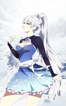 1girl absurdres artist_logo artistic_error blue_dress blue_eyes breasts cleavage dress earrings floating_earrings frills hair_ornament hand_up high_ponytail highres ice jewelry lips logo long_hair looking_up medium_breasts no_scar parted_lips ponytail r3dfive rwby sash solo sparkle tiara very_long_hair weiss_schnee white_background