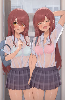2girls absurdres arm_behind_head arm_up bag black_skirt blue_bag blush bra bra_visible_through_clothes building closed_eyes collared_shirt commentary_request cowboy_shot embarrassed hair_between_eyes highres holding_hands idolmaster idolmaster_shiny_colors looking_at_viewer multiple_girls open_mouth osaki_amana osaki_tenka peanut_mouth pink_bra plaid_clothes plaid_skirt pleated_skirt rain red_hair school_bag school_uniform see-through_clothes see-through_shirt shirt short_sleeves siblings sisters skirt twins underwear wanitaroo._(waniwani_panic) wet wet_clothes wet_hair wet_shirt white_bra white_shirt yellow_eyes