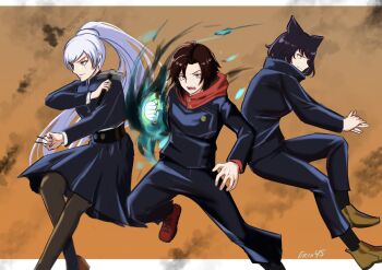 3girls artist_name black_pants blake_belladonna border brown_footwear commentary cosplay crossover english_commentary eryx45 fushiguro_megumi fushiguro_megumi_(cosplay) hammer highres holding holding_hammer itadori_yuuji itadori_yuuji_(cosplay) jujutsu_kaisen jujutsu_tech_uniform kugisaki_nobara kugisaki_nobara_(cosplay) long_sleeves multiple_girls orange_background pants ponytail red_footwear ruby_rose rwby short_hair simple_background skirt twitter_username weiss_schnee white_border