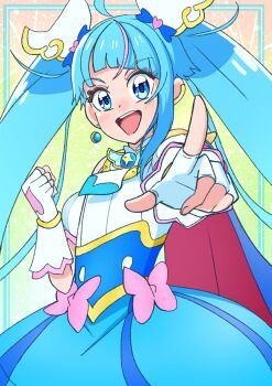 Rule 34 | 1girl, akizora (aki precure), bad id, bad twitter id, blue cape, blue dress, blue eyes, blue hair, bow, brooch, cape, clenched hand, commentary, cowboy shot, cure sky, cut bangs, detached sleeves, dress, dress bow, earclip, earrings, fingerless gloves, fringe trim, gloves, hair ornament, highres, hirogaru sky! precure, jewelry, long hair, looking at viewer, magical girl, multicolored hair, one eye closed, open mouth, pink bow, pink hair, pointing, pointing at viewer, precure, puffy detached sleeves, puffy sleeves, red cape, single earring, single sidelock, sleeveless, sleeveless dress, smile, solo, sora harewataru, standing, twintails, two-sided cape, two-sided fabric, two-tone dress, two-tone hair, very long hair, white dress, white gloves, wing brooch, wing hair ornament