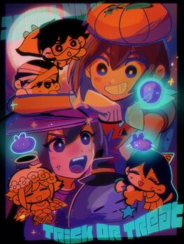 2girls 4boys angel angel_wings anger_vein animal_ear_hairband animal_ears aubrey_(faraway)_(omori) aubrey_(omori) basil_(faraway)_(omori) basil_(omori) basket black_eyes black_hair black_hat blush bright_pupils brother_and_sister brothers brown_hair bug_bunny_(omori) cape cat_ear_hairband cat_ears cat_tail chibi closed_eyes closed_mouth dark-skinned_male dark_skin domino_mask double-parted_bangs english_text eye_mask fake_animal_ears fake_tail forest_bunny_(omori) gimu108 gloves grin hair_between_eyes hairband halo hat hero_(faraway)_(omori) hero_(omori) highres holding holding_basket kel_(faraway)_(omori) kel_(omori) long_hair looking_at_viewer mari_(faraway)_(omori) mari_(omori) mask mr._plantegg_(omori) multiple_boys multiple_girls mummy_costume omori open_mouth orange_joe_(omori) pumpkin short_hair siblings smile stuffed_eggplant sunny_(omori) superhero_costume tail teeth trick_or_treat upper_teeth_only white_gloves white_pupils wings witch_hat