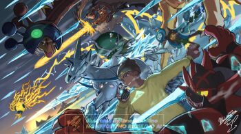 1boy beanie black_hat calyrex calyrex_(rider) claws club club_(weapon) colored_sclera commission dark-skinned_male dark_skin energy_beam fangs farigiraf gen_5_pokemon gen_7_pokemon gen_8_pokemon glastrier green_eyes hat holding holding_club holding_poke_ball holding_tera_orb holding_weapon ice incineroar landorus landorus_(incarnate) legendary_pokemon long_sleeves mask mochachiiino nintendo ogerpon ogerpon_(wellspring_mask) pixiv_commission poke_ball poke_ball_(basic) pokemon pokemon_(creature) regieleki riding riding_pokemon sharp_teeth shirt signature smile spiked_club teeth tera_orb unworn_mask watermark weapon yellow_eyes yellow_sclera yellow_shirt