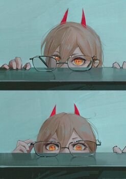 1girl absurdres blonde_hair chainsaw_man chinese_commentary commentary_request cross-shaped_pupils demon_horns eyelashes glasses hair_between_eyes highres horns limit932 long_hair looking_at_viewer power_(chainsaw_man) red_horns solo symbol-shaped_pupils unworn_eyewear yellow_eyes