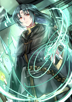 1boy absurdres bishounen candle closed_mouth commentary_request facial_mark fire_emblem fire_emblem:_path_of_radiance forehead_mark highres indoors long_hair looking_at_viewer magic male_focus nintendo polearm red_eyes solo soren_(fire_emblem) togo2828 weapon