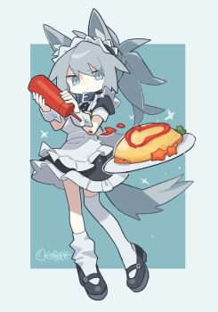 1girl absurdres ahoge aida_(aidia) animal_ear_fluff animal_ears apron asymmetrical_legwear black_collar black_dress black_shoes blue_background blue_eyes border closed_mouth collar commentary_request dress food frilled_apron frilled_dress frills full_body grey_hair highres holding ketchup_bottle long_hair looking_at_viewer maid_headdress mary_janes omelet omurice original outside_border plate ponytail shoes short_sleeves signature single_sock single_thighhigh socks solo standing sweatdrop tail thighhighs uneven_legwear white_apron white_border white_socks white_thighhighs wolf_ears wolf_girl wolf_tail
