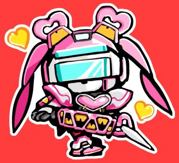 1girl bkub black_gloves character_request chibi chibi_only copyright_request full_body gloves heart holding holding_sword holding_weapon outline pink_shoes red_background robot shoes simple_background solo standing sword weapon white_outline