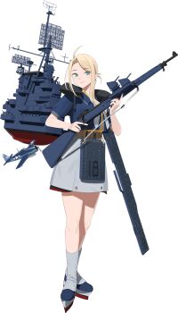 1girl aircraft airplane anti-aircraft anti-aircraft_gun apron asymmetrical_hair autocannon bad_link belt blonde_hair blue_eyes blue_shirt bofors_40_mm_gun bolt_action brown_belt cannon external_fuel_tank f6f_hellcat flight_deck full_body grey_neckerchief grey_skirt gun highres holding holding_gun holding_weapon kantai_collection long_hair looking_at_viewer m1903_springfield machinery military_vehicle neck_pillow neckerchief oerlikon_20mm_gun propeller_fighter rifle rigging shibafu_(glock23) shirt skirt standing transparent_background wasp_(kancolle) weapon