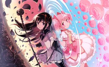 2girls akemi_homura akemi_homura_(magical_girl) back-to-back black_flower black_hair black_rose blush bow_(weapon) card_commentary commentary flower game_cg gloves guest_art hair_ribbon hairband hanokage highres kaname_madoka long_hair magical_girl mahou_shoujo_madoka_magica mahou_shoujo_madoka_magica_(anime) mahou_shoujo_madoka_magica_magia_exedra multiple_girls official_art pantyhose petals pink_eyes pink_flower pink_hair pink_rose purple_eyes red_ribbon ribbon ripples rose short_hair short_twintails signature smile third-party_source twintails weapon
