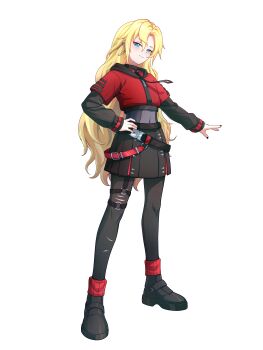 1girl absurdres alternate_costume belt black_nails blonde_hair blue_eyes bodystocking boots breasts choker commission commissioner_upload earrings eyelashes full_body highres ib_(kouri) jacket jewelry leg_warmers long_hair looking_at_viewer mary_(ib) non-web_source pantyhose petite rhan skirt small_breasts smirk solo tachi-e thigh_belt thigh_strap transparent_background zipper zipper_pull_tab