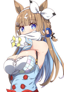 Rule 34 | 1girl, almond eye (umamusume), animal ears, blue eyes, blue gloves, blue hair, braid, breasts, brown hair, cleavage, clothing cutout, commentary request, detached sleeves, glove cutout, gloves, hiro (pqtks113), horse ears, large breasts, long hair, looking at viewer, multicolored hair, simple background, single braid, solo, sparkling eyes, two-tone hair, umamusume, upper body, white background, white sleeves