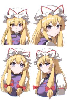 Rule 34 | 1girl, blonde hair, bow, commentary, dress, hair bow, hat, highres, kiui (dagk8254), looking at viewer, looking to the side, mob cap, multiple views, puffy sleeves, purple eyes, purple tabard, red bow, sidelocks, simple background, tabard, touhou, upper body, white background, white dress, white hat, yakumo yukari