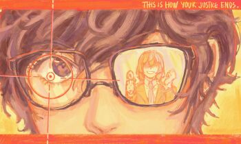 2boys absurdres ak4mtsucr akechi_gorou amamiya_ren black_hair english_text glasses gun highres holding holding_gun holding_weapon limited_palette male_focus multiple_boys persona persona_5 reflection scope smile warm_colored weapon