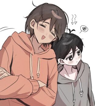 Rule 34 | 2boys, alternate costume, antenna hair, arrow (symbol), black eyes, black hair, blush, bright pupils, brown hair, closed eyes, closed mouth, commentary request, crossed arms, dark-skinned male, dark skin, double-parted bangs, grey hoodie, hair between eyes, height difference, highres, hood, hood down, hoodie, kel (faraway) (omori), kel (omori), korean commentary, long sleeves, male focus, multiple boys, omori, open mouth, orange hoodie, short hair, simple background, sketch, smile, spoken squiggle, squiggle, sunny (omori), white background, white pupils, wktdms1