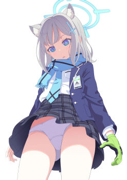 1girl animal_ear_fluff animal_ears black_skirt blazer blue_archive blue_eyes blue_halo blue_jacket blue_necktie blue_scarf bright_pupils commentary cowboy_shot cross cross_hair_ornament extra_ears from_below gloves green_gloves grey_hair hair_ornament halo highres inverted_cross jacket medium_hair necktie open_clothes open_jacket open_mouth panties plaid_clothes plaid_skirt scarf school_uniform shiroko_(blue_archive) shirt simple_background single_glove skirt solo tanuki_soutou_x underwear upskirt white_background white_panties white_pupils white_shirt wolf_ears wolf_girl
