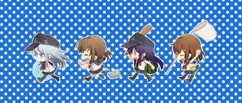 >_< 4girls akatsuki_(kancolle) anchor_symbol baseball_bat black_hat black_sailor_collar black_skirt black_thighhighs blue_background blue_eyes blue_hair book brown_hair chibi chibi_only commentary_request fang flat_chest folded_ponytail food from_side fruit full_body grey_shoes hair_between_eyes hat hat_pin hibiki_(kancolle) highres holding holding_baseball_bat holding_food holding_fruit holding_net holding_swim_ring holding_watermelon ikazuchi_(kancolle) inazuma_(kancolle) innertube kantai_collection loafers long_hair long_sidelocks medium_hair motohara_moka multiple_girls neckerchief open_mouth outline peanut_mouth pleated_skirt polka_dot polka_dot_background purple_eyes purple_hair red_neckerchief sailor_collar shirt shoes sidelocks skirt sleeveless sleeveless_shirt swim_ring thighhighs walking watermelon white_outline white_shirt